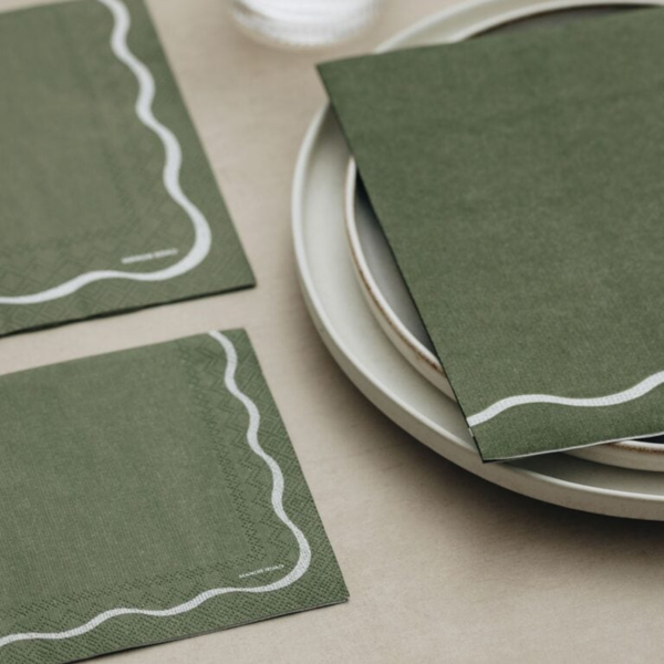 Manor Road Linen Scallop Olive & White Napkin Luncheon 20 Pack
