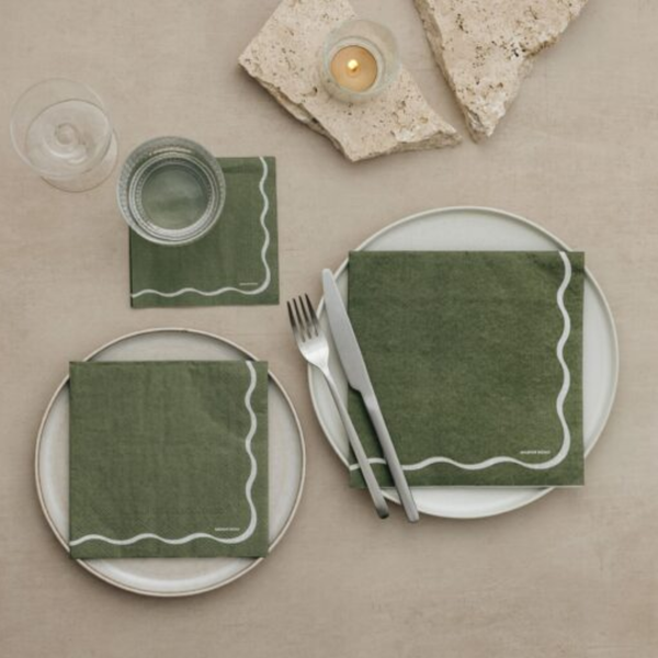 Manor Road Linen Scallop Olive & White Napkin Dinner 20 Pack